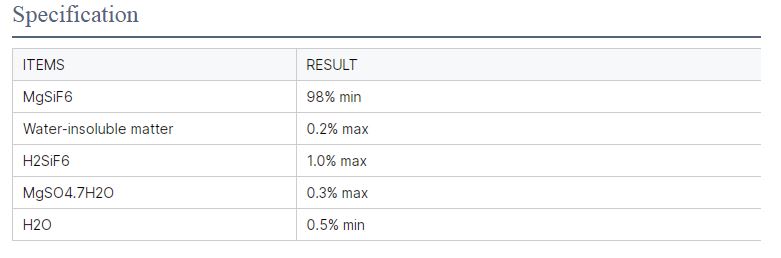 MgSiF6 thông số kỹ thuật